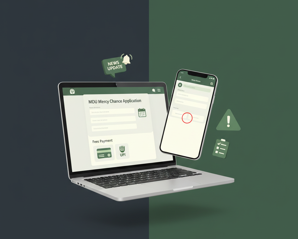 Student completing the MDU Mercy Chance 2026 online form with fee and deadline icons.