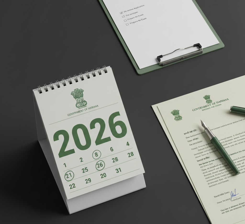 “Create a clean infographic showing the HPSC Exam Calendar for 2026 with recruitment schedules, exam dates, and vacancy highlights. Use a Deep Charcoal background, Dark Forest Green blocks for key dates, and Moss Green, Sage Green, Mint Cream, and Pale Ivory for icons and text. Include calendar icons, clocks, and checklist symbols in a modern flat style.”