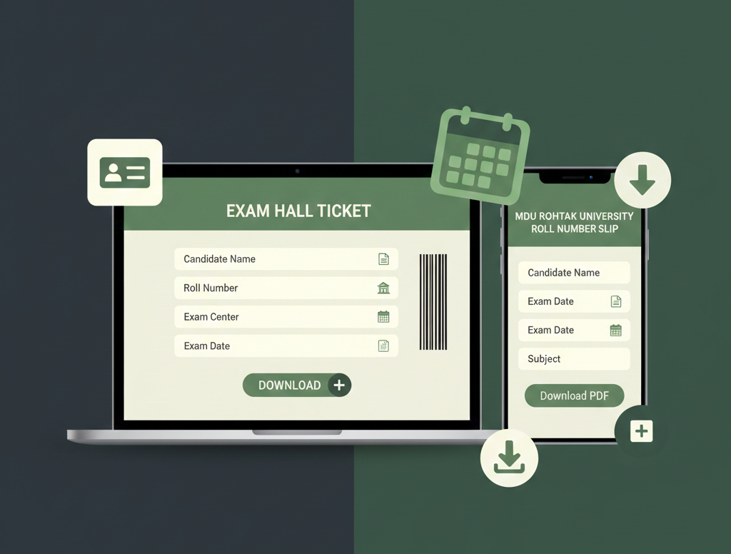 Mobile and laptop showing KUK roll number slip and admit card download process.