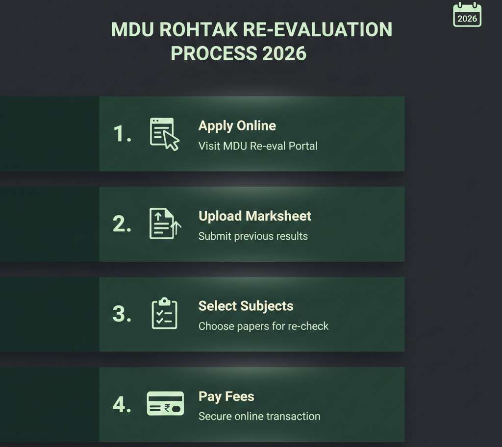 Students viewing MDU Rohtak re-evaluation portal on laptop and mobile with fee and date icons.