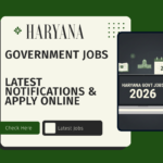 Illustration showing Haryana Government Jobs 2026 notification with laptop, calendar, and official documents in green-themed colors.