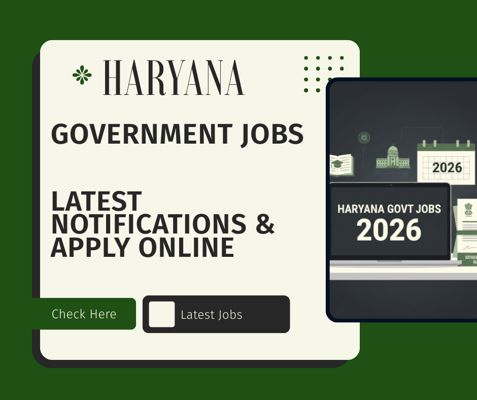Illustration showing Haryana Government Jobs 2026 notification with laptop, calendar, and official documents in green-themed colors.